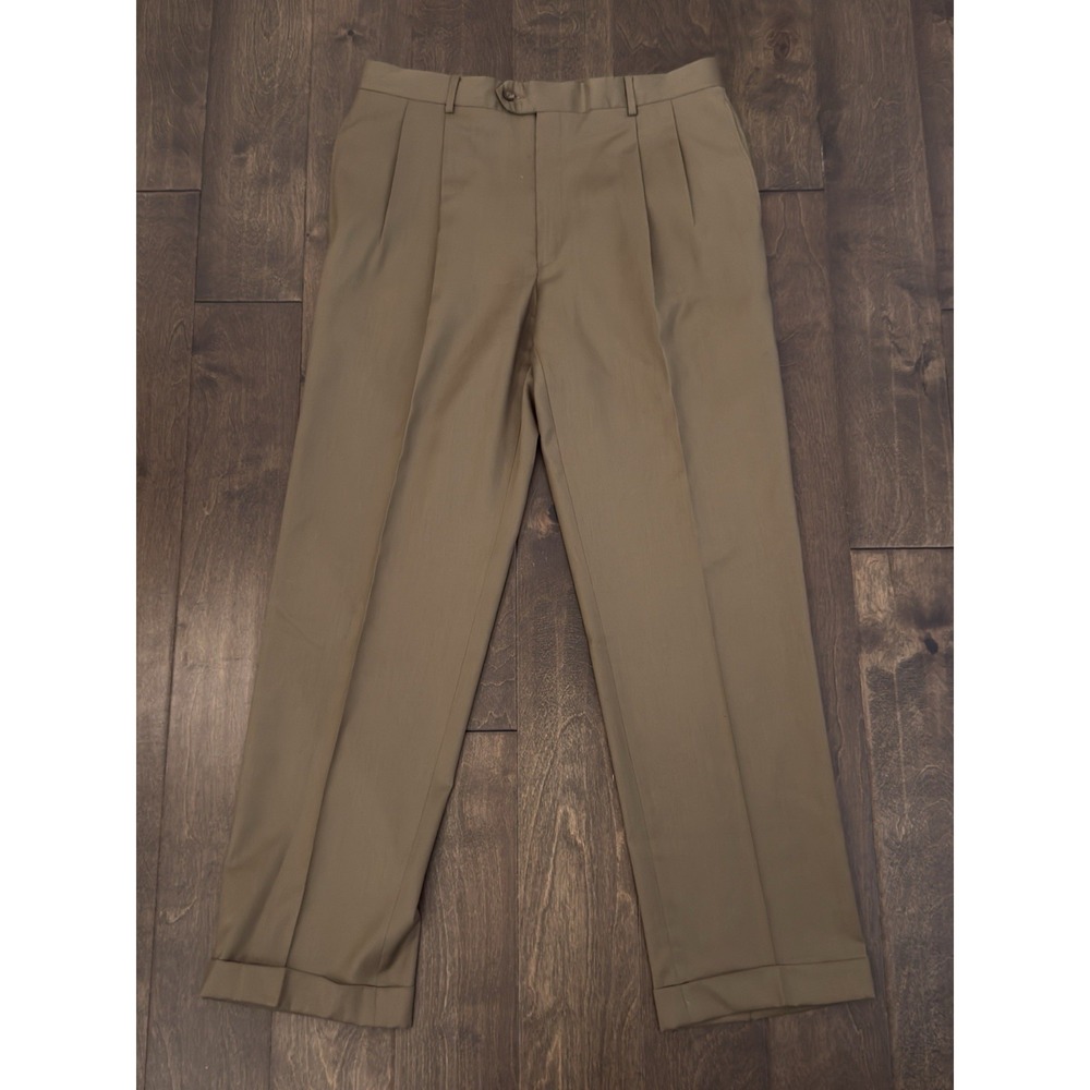 Jos A Bank Mens 100% Wool Brown Pleated Dress Pants Trousers Cuffed Size 36X32